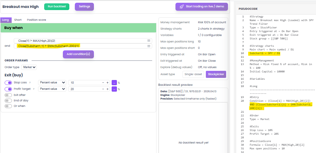 Strategy with SPY trend filter in editor
