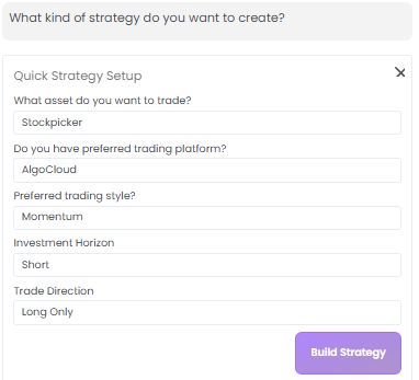 Quick Strategy Setup form