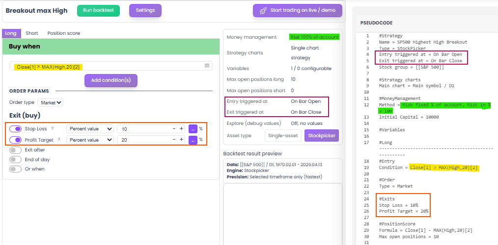 Breakout max High strategy in AlgoCloud visual editor