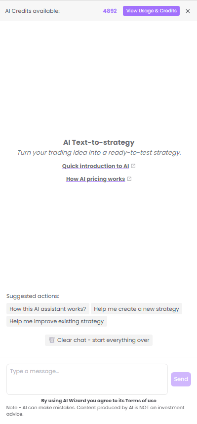 AI Wizard opening screen with available credits and suggested actions